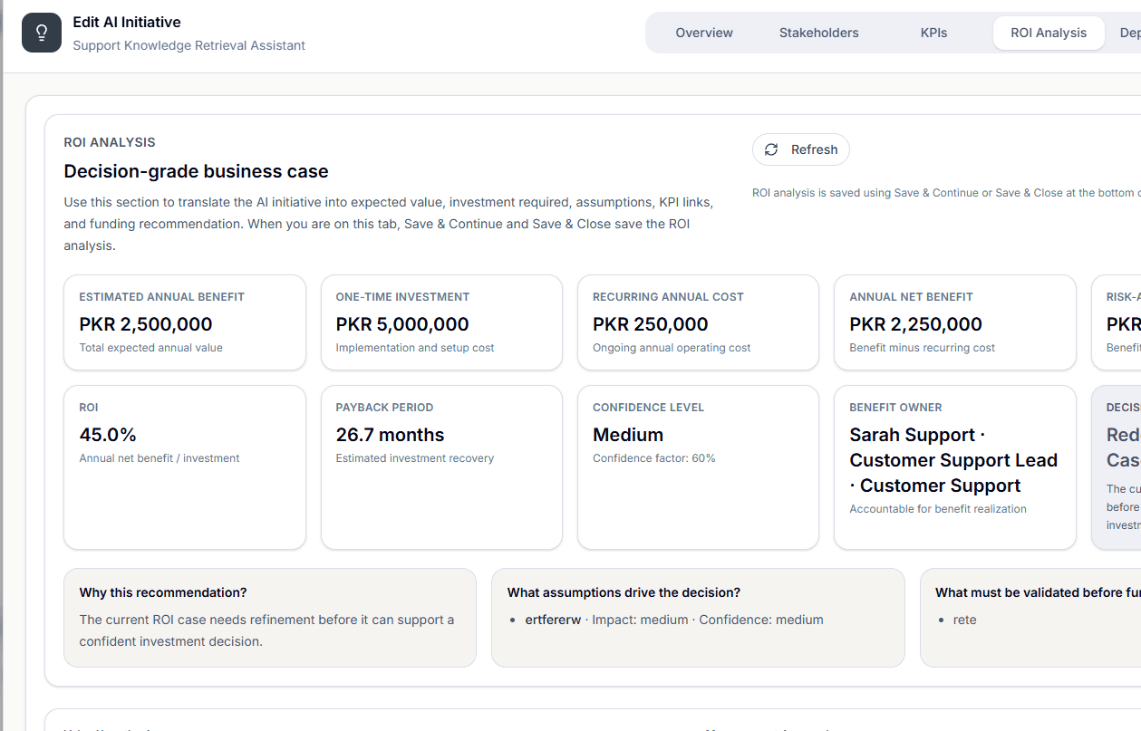 Kovalba AI initiative planning interface